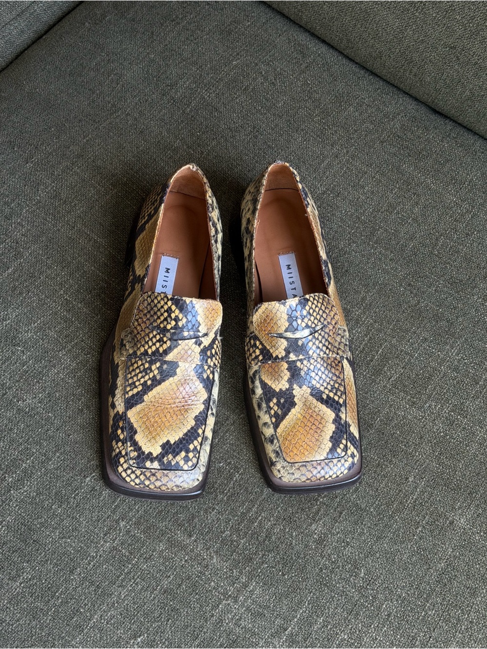 Miista Crimson Snake-Print Square-Toe Loafers in Tan and Black